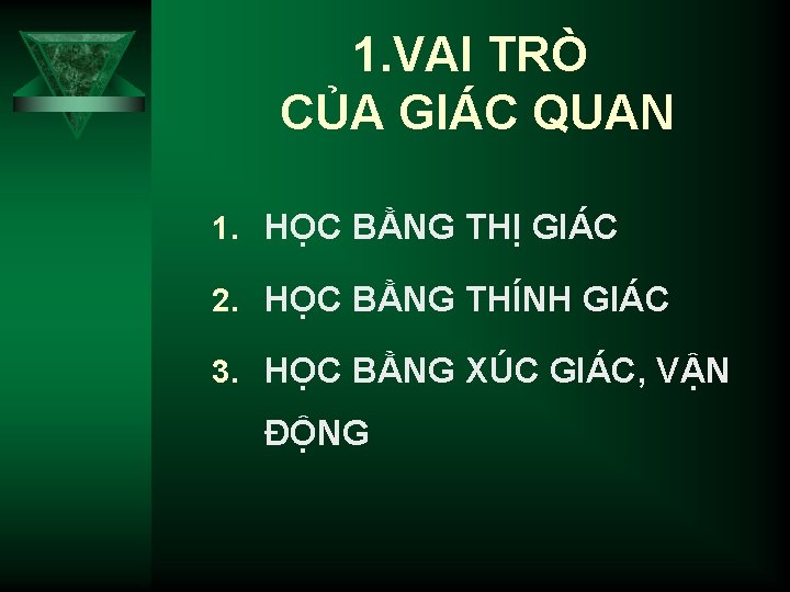 1. VAI TRÒ CỦA GIÁC QUAN 1. HỌC BẰNG THỊ GIÁC 2. HỌC BẰNG