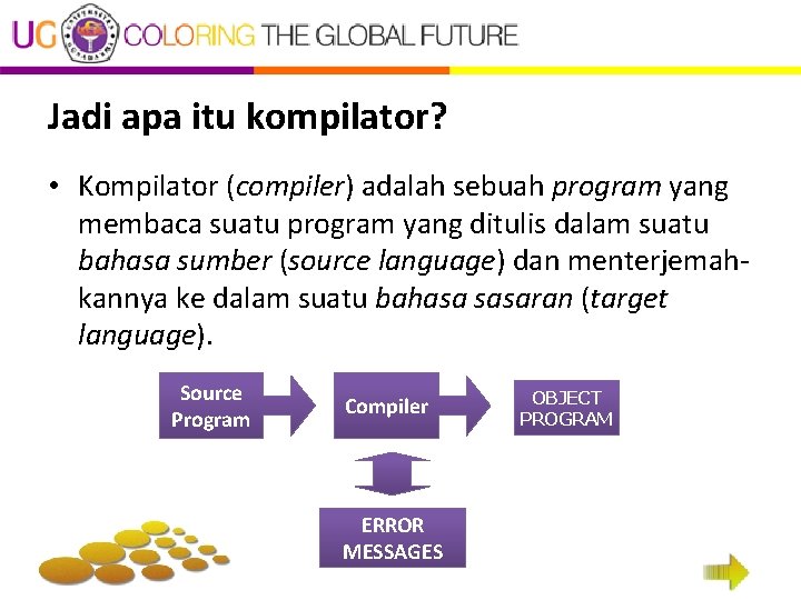 Jadi apa itu kompilator? • Kompilator (compiler) adalah sebuah program yang membaca suatu program