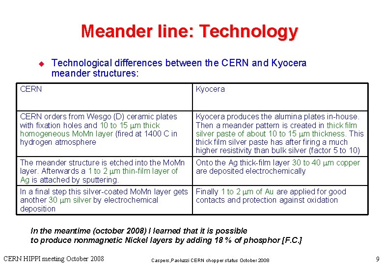 Meander line: Technology u Technological differences between the CERN and Kyocera meander structures: CERN