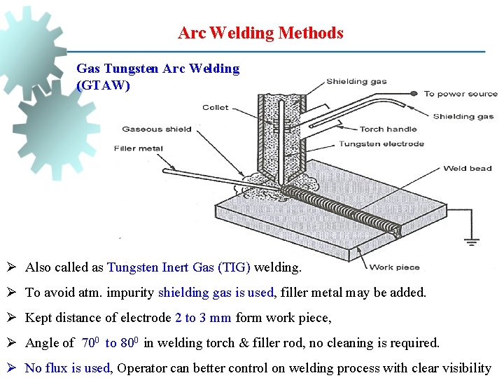 Arc Welding Methods Gas Tungsten Arc Welding (GTAW) Ø Also called as Tungsten Inert Arc Welding Methods Gas Tungsten Arc Welding (GTAW) Ø Also called as Tungsten Inert