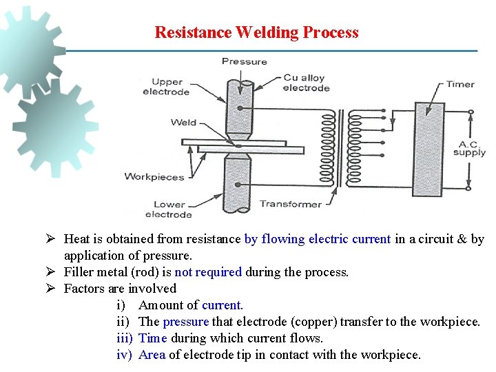 Resistance Welding Process Ø Heat is obtained from resistance by flowing electric current in
