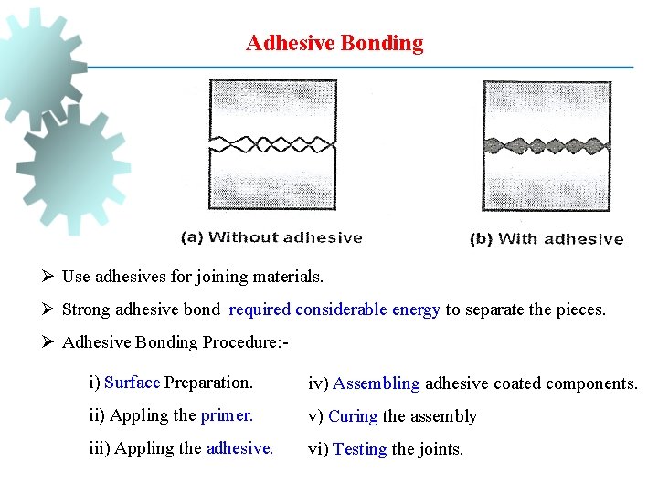 Adhesive Bonding Ø Use adhesives for joining materials. Ø Strong adhesive bond required considerable