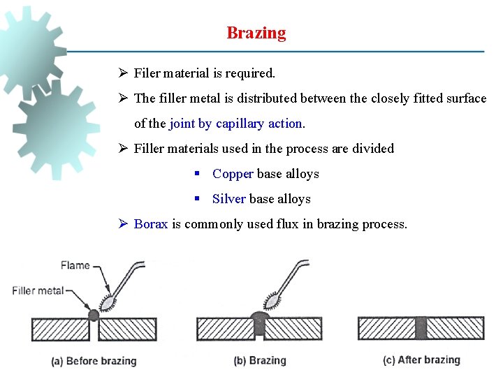 Brazing Ø Filer material is required. Ø The filler metal is distributed between the