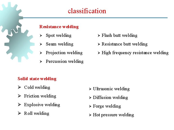 classification Resistance welding Ø Spot welding Ø Flash butt welding Ø Seam welding Ø