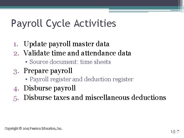 Payroll Cycle Activities 1. Update payroll master data 2. Validate time and attendance data