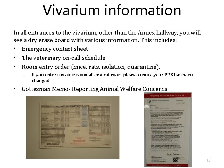 Vivarium information In all entrances to the vivarium, other than the Annex hallway, you