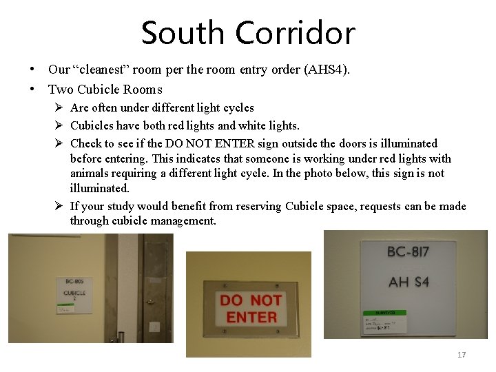 South Corridor • Our “cleanest” room per the room entry order (AHS 4). •