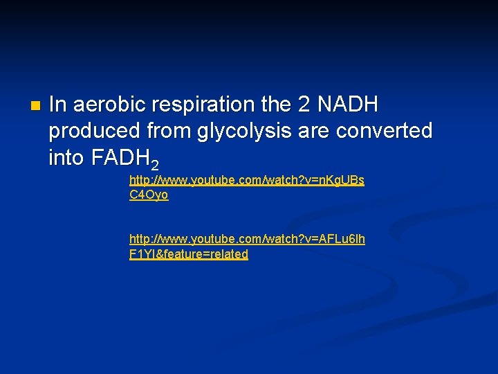 n In aerobic respiration the 2 NADH produced from glycolysis are converted into FADH