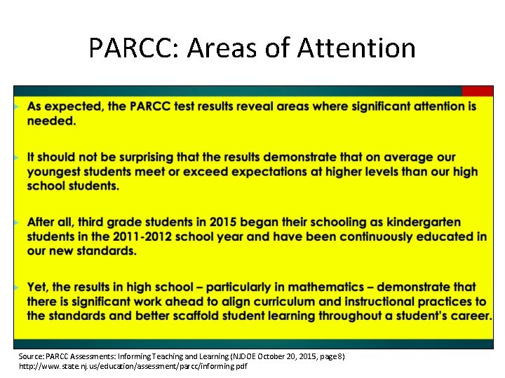 PARCC: Areas of Attention Source: PARCC Assessments: Informing Teaching and Learning (NJDOE October 20,