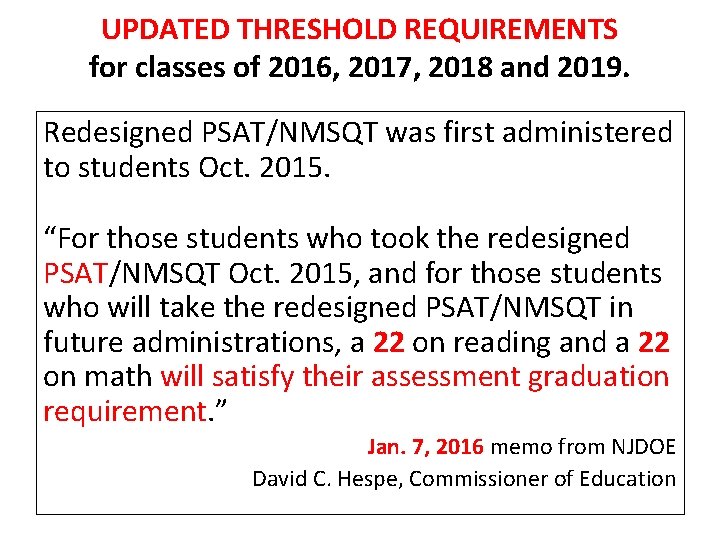 UPDATED THRESHOLD REQUIREMENTS for classes of 2016, 2017, 2018 and 2019. Redesigned PSAT/NMSQT was