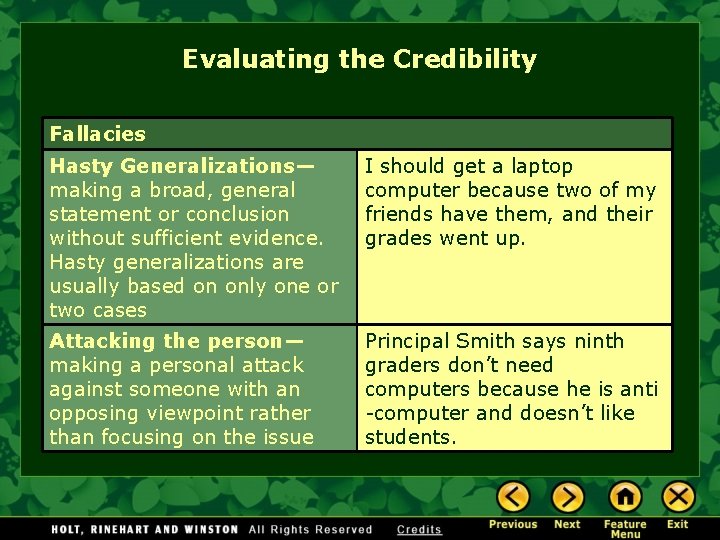 Evaluating the Credibility Fallacies Hasty Generalizations— making a broad, general statement or conclusion without