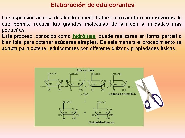 Elaboración de edulcorantes La suspensión acuosa de almidón puede tratarse con ácido o con