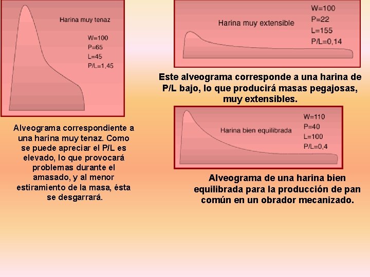 Este alveograma corresponde a una harina de P/L bajo, lo que producirá masas pegajosas,