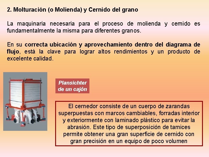 2. Molturación (o Molienda) y Cernido del grano La maquinaria necesaria para el proceso