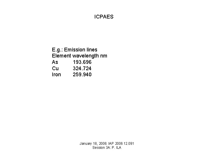 ICPAES E. g. : Emission lines Element wavelength nm As 193. 696 Cu 324.