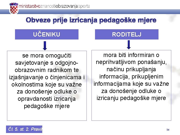 Obveze prije izricanja pedagoške mjere UČENIKU se mora omogućiti savjetovanje s odgojnoobrazovnim radnikom te