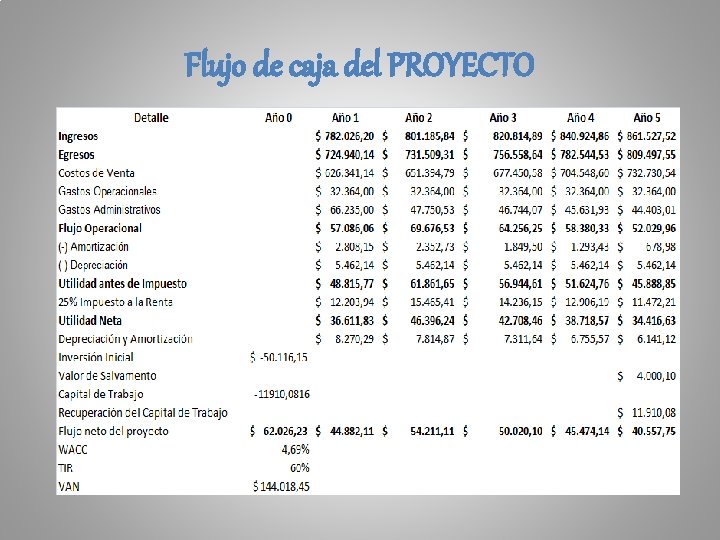 Flujo de caja del PROYECTO 