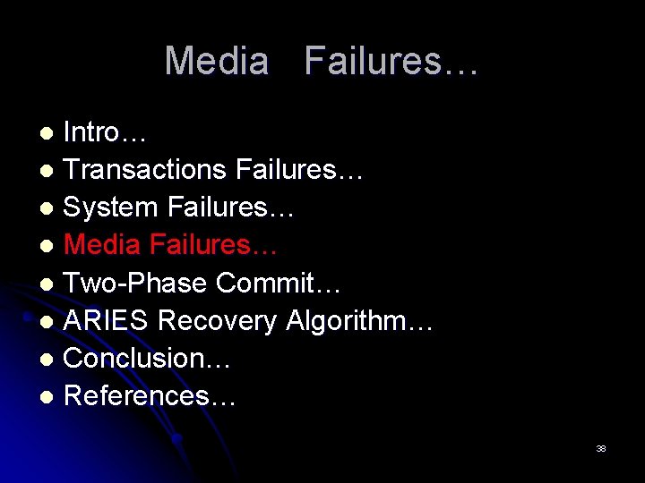 Media Failures… Intro… l Transactions Failures… l System Failures… l Media Failures… l Two-Phase Media Failures… Intro… l Transactions Failures… l System Failures… l Media Failures… l Two-Phase