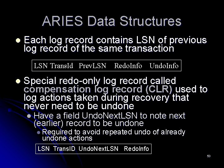 ARIES Data Structures l Each log record contains LSN of previous log record of ARIES Data Structures l Each log record contains LSN of previous log record of
