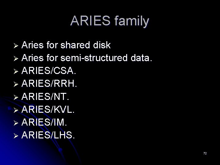 ARIES family Ø Aries for shared disk Ø Aries for semi-structured data. Ø ARIES/CSA. ARIES family Ø Aries for shared disk Ø Aries for semi-structured data. Ø ARIES/CSA.