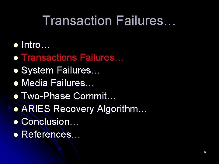 Transaction Failures… Intro… l Transactions Failures… l System Failures… l Media Failures… l Two-Phase Transaction Failures… Intro… l Transactions Failures… l System Failures… l Media Failures… l Two-Phase