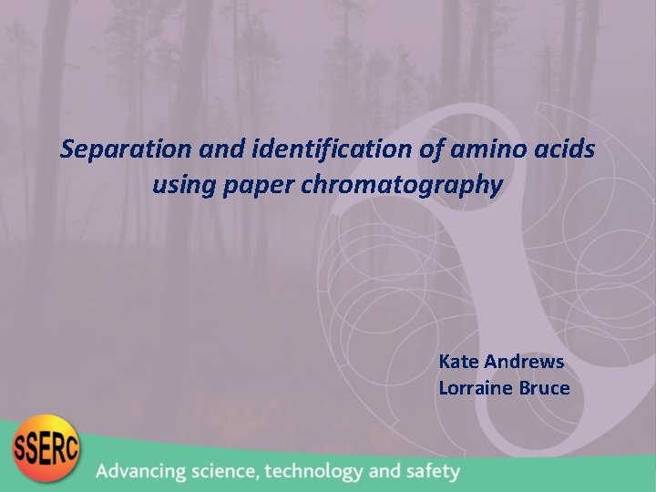 Separation and identification of amino acids using paper chromatography Kate Andrews Lorraine Bruce 