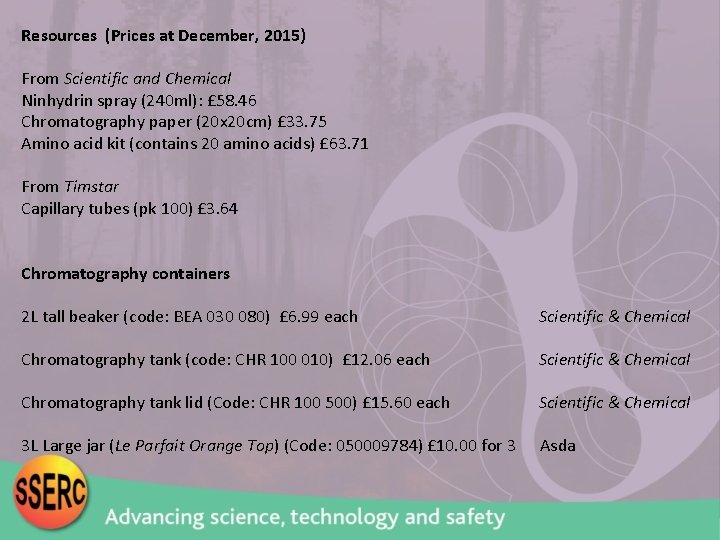 Resources (Prices at December, 2015) From Scientific and Chemical Ninhydrin spray (240 ml): £