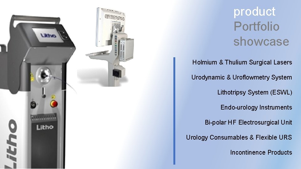product Portfolio showcase Holmium & Thulium Surgical Lasers Urodynamic & Uroflowmetry System Lithotripsy System