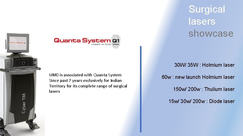 Surgical lasers showcase 30 W/ 35 W : Holmium laser UMD is associated with