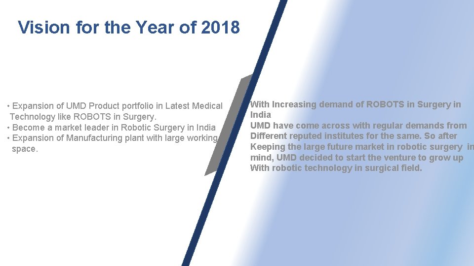 Vision for the Year of 2018 • Expansion of UMD Product portfolio in Latest