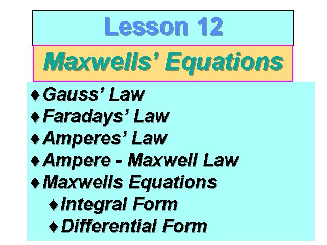 Lesson 12 Maxwells’ Equations ¨Gauss’ Law ¨Faradays’ Law ¨Ampere - Maxwell Law ¨Maxwells Equations