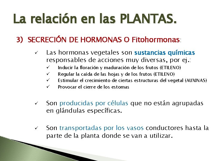 La relación en las PLANTAS. 3) SECRECIÓN DE HORMONAS O Fitohormonas: ü Las hormonas