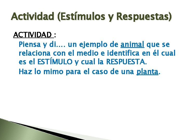 Actividad (Estímulos y Respuestas) ACTIVIDAD : Piensa y di…. un ejemplo de animal que