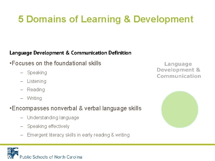 5 Domains of Learning & Development Language Development & Communication Definition • Focuses on