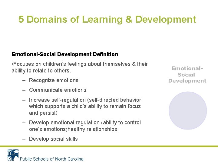 5 Domains of Learning & Development Emotional-Social Development Definition • Focuses on children’s feelings