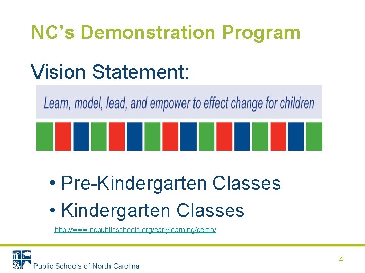 NC’s Demonstration Program Vision Statement: • Pre-Kindergarten Classes • Kindergarten Classes http: //www. ncpublicschools.