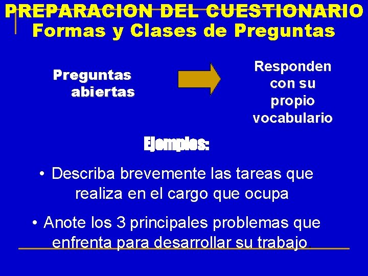 PREPARACION DEL CUESTIONARIO Formas y Clases de Preguntas Responden con su propio vocabulario Preguntas