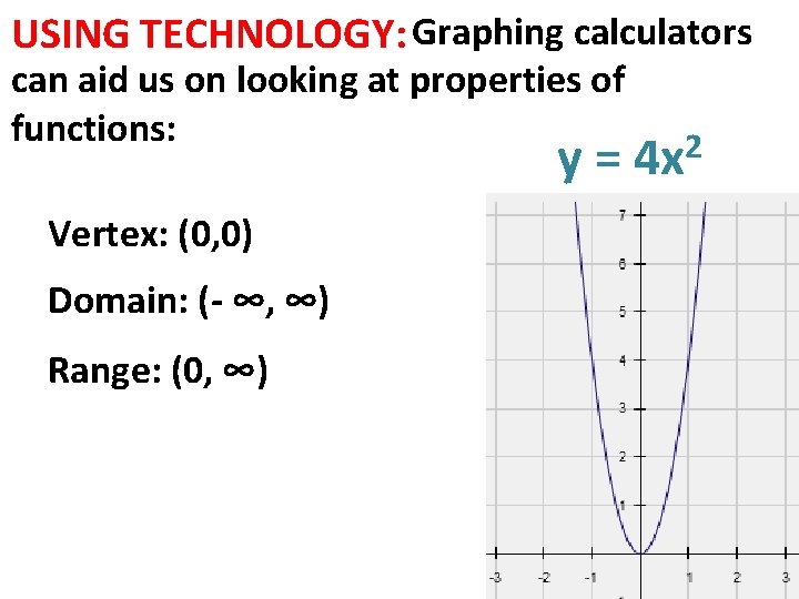 USING TECHNOLOGY: Graphing calculators can aid us on looking at properties of functions: y=
