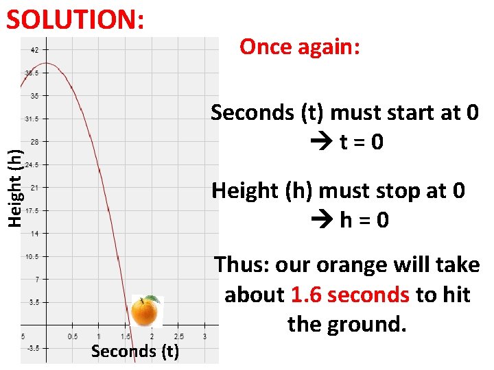 SOLUTION: Once again: Height (h) Seconds (t) must start at 0 t=0 Height (h)