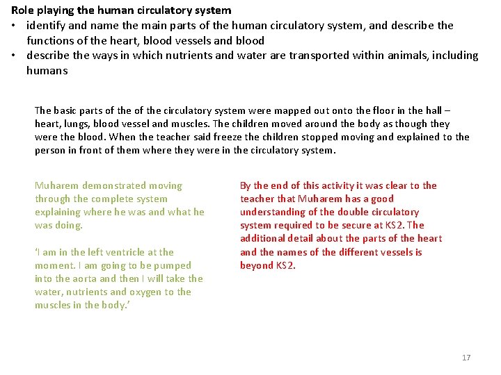 Role playing the human circulatory system • identify and name the main parts of