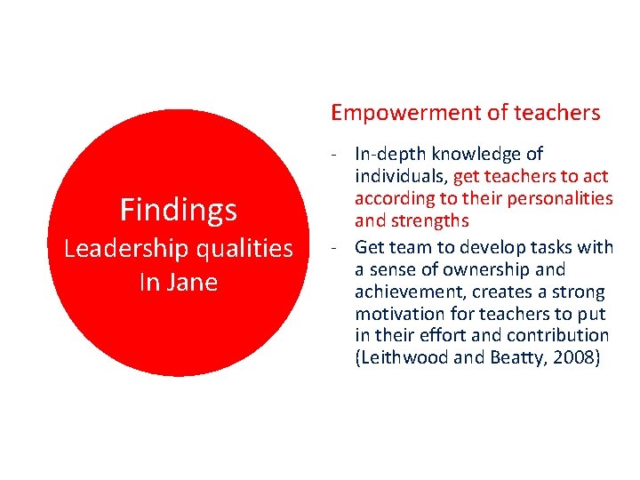 Empowerment of teachers Findings Leadership qualities In Jane - In-depth knowledge of individuals, get
