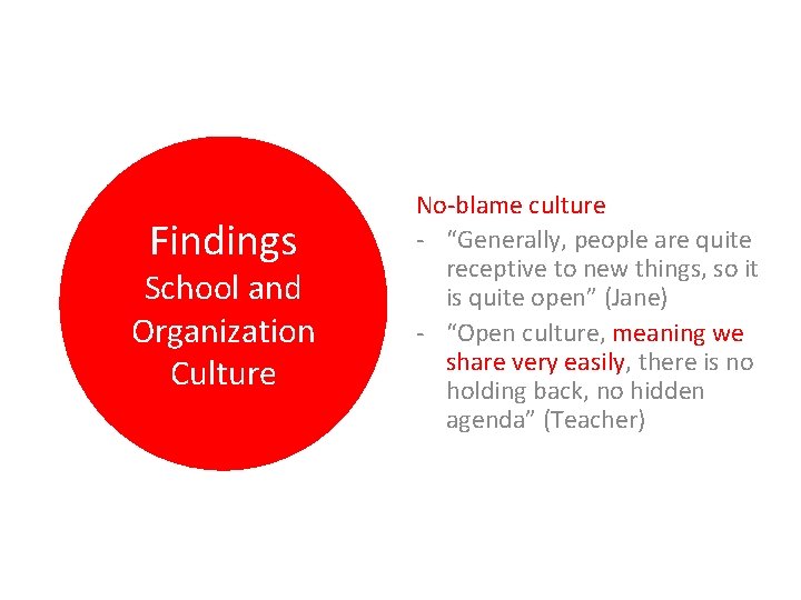 Findings School and Organization Culture No-blame culture - “Generally, people are quite receptive to