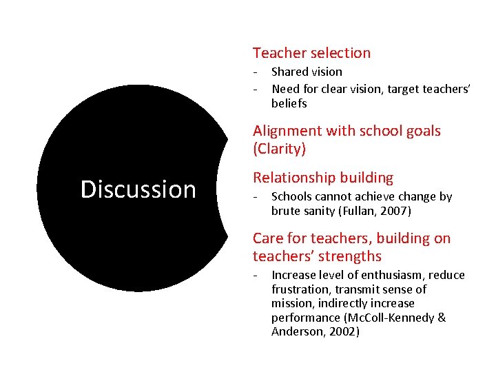 Teacher selection - Shared vision Need for clear vision, target teachers’ beliefs Alignment with