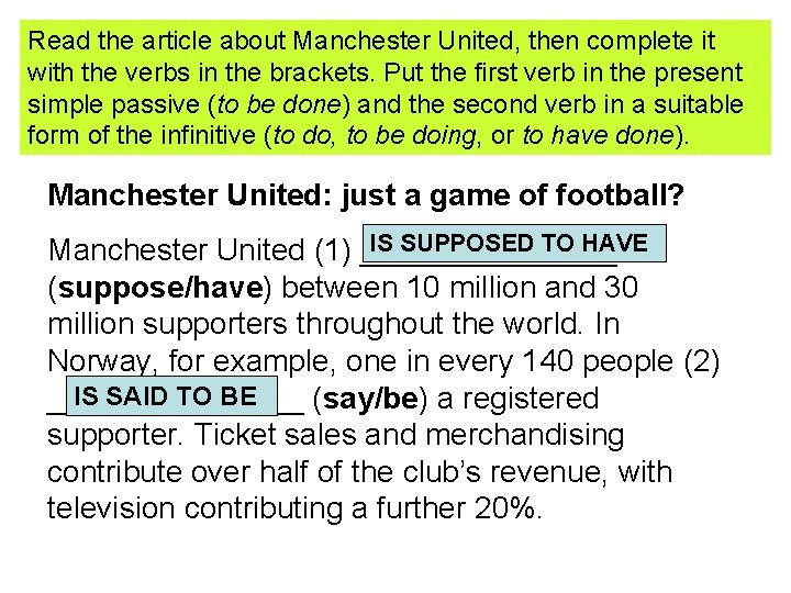 Read the article about Manchester United, then complete it with the verbs in the
