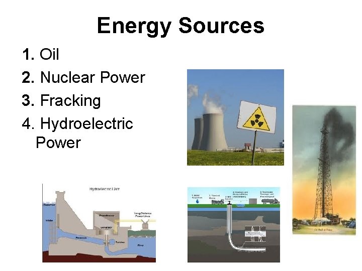 Energy Sources 1. Oil 2. Nuclear Power 3. Fracking 4. Hydroelectric Power 