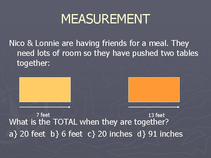 MEASUREMENT Nico & Lonnie are having friends for a meal. They need lots of