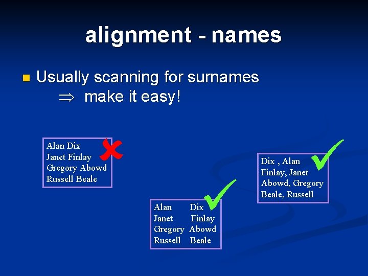 alignment - names n Usually scanning for surnames make it easy! Alan Dix Janet