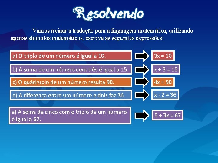 Vamos treinar a tradução para a linguagem matemática, utilizando apenas símbolos matemáticos, escreva as
