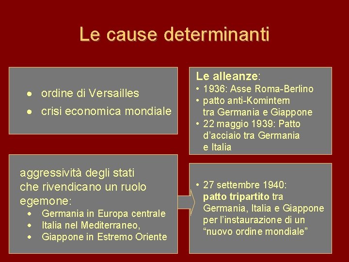 Le cause determinanti Le alleanze: · ordine di Versailles · crisi economica mondiale aggressività