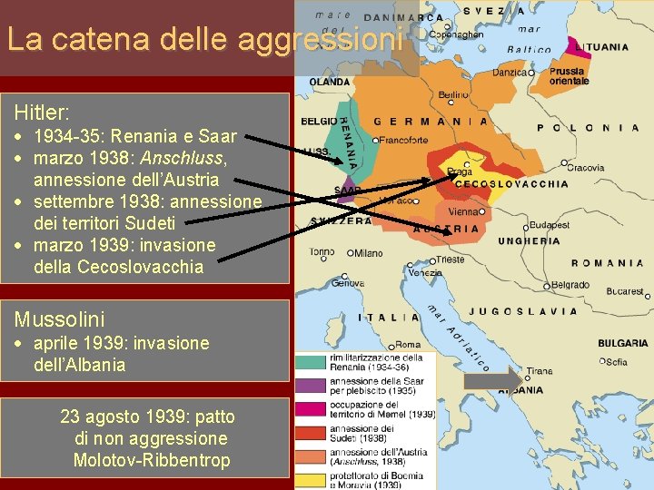 La catena delle aggressioni Hitler: · 1934 -35: Renania e Saar · marzo 1938: